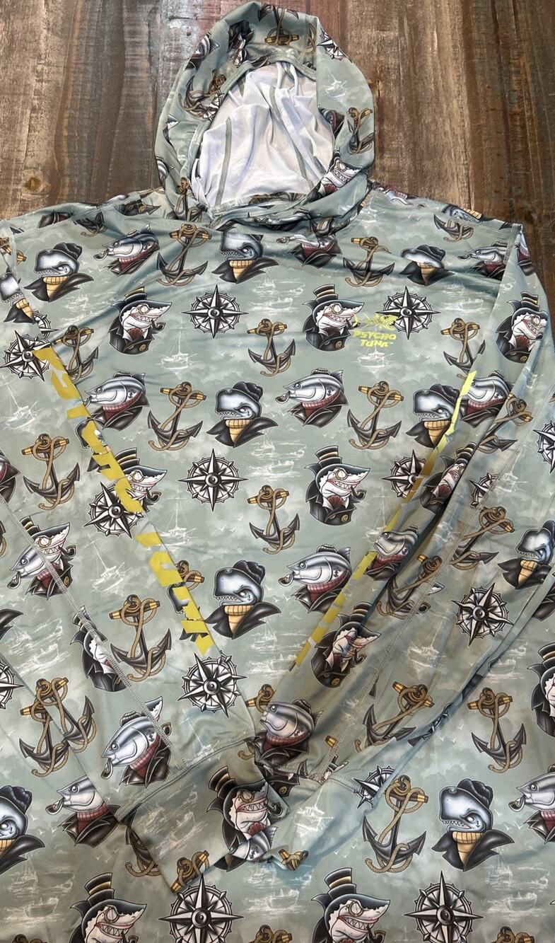 MENS XXL GREEN PSYCHO TUNA FISH CARICATURES LS HOODED SHIRT - NWT